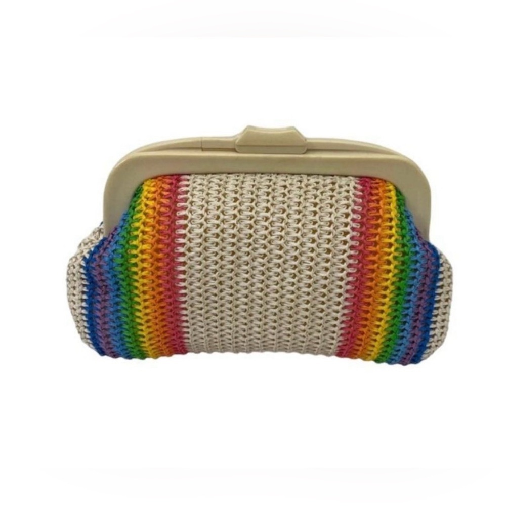 Vintage Woven Straw Clutch rainbow stripe design
